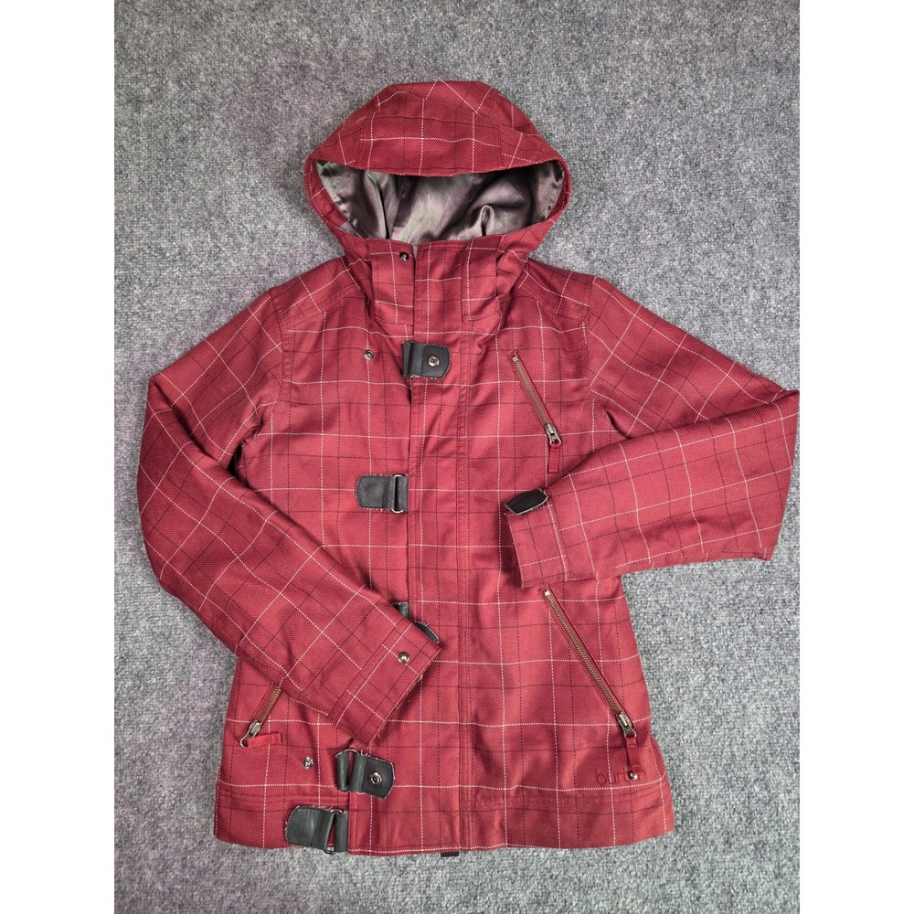 Burton Snowboard Jacket Womens Small Red Windowpane Dryride Faux Fur Lined